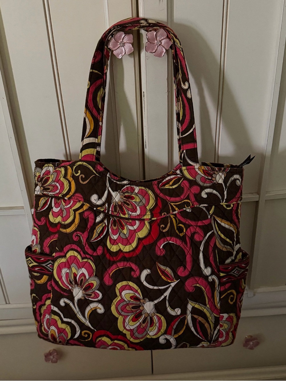Vera Bradley Quilted Floral Tote in Brown, Pink and Yellow